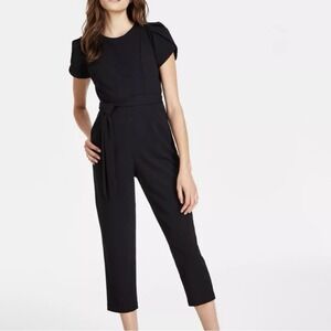 Calvin Klein Black Tulip Sleeve Belt Stretch Wide Leg‎ Crop Jumpsuit Size 2